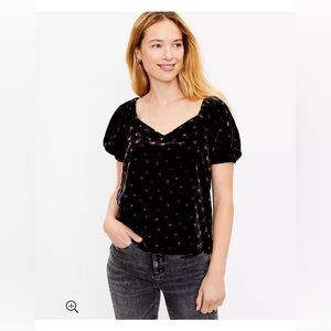 LOFT Floral Velvet Puff Sleeve Top Black size S